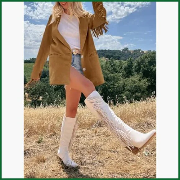 Faux Suede Fringe Blazer Jacket with Lapel Collar Button Front - Picture 3 of 7